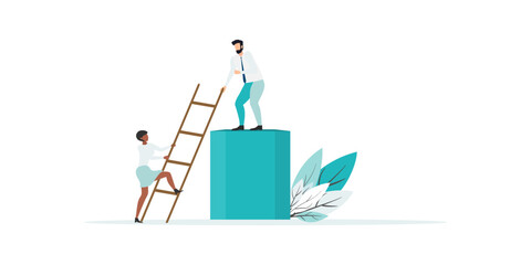 business mentor helps improve, holding stairs steps, mentorship, upskills, climb help, self development strategy flat.