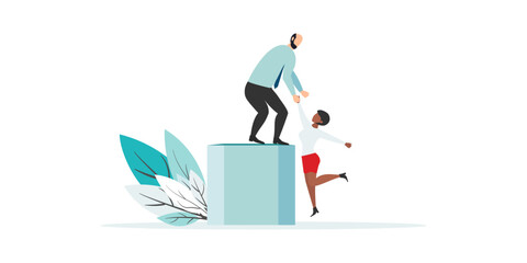 business mentor helps improve, holding stairs steps, mentorship, upskills, climb help, self development strategy flat.