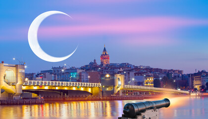 Ramadan Concept - Ramadan kareem cannon with crescent - Night sky with moon in the clouds at sunset