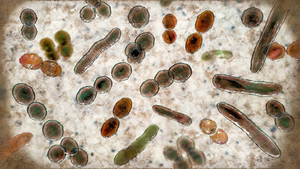 Bacteria of different shapes, illustration in old book vintage style