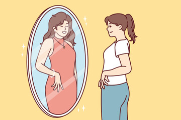 Woman in casual clothes looks in mirror and sees in reflection girl in beautiful evening dress. Dreamy lady fantasizes about buying new evening attire to go to holiday event. Flat vector design 