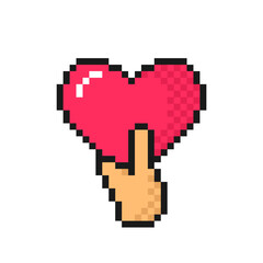 Hand holding red heart icon in pixel art style. Love symbol for Valentine's Day. Isolated on white background vector sign