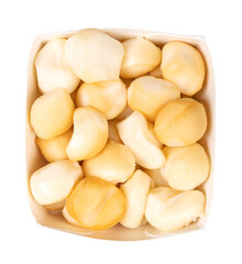Smoked scamorza, Italian pasta filata cheese, in a cardboard punnet. Tiny morsels of stretched curd cheese, with an intense aroma and a tawny, beige color, obtained through the smoke of wood shavings.