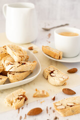 Cantuccini, homemade traditional Italian almond biscuits with a cup of coffee