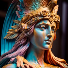 portrait of an Athena made of colorful wax. 
