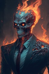 Fiery temper corporate skeleton boss zombie in suite and tie, glowing angry red eyes with hell to pay and will terminate you if late for work - Generative AI