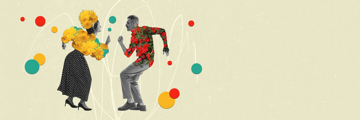 Creative colorful design. Modern art collage. Stylish young man and woman with floral print dancing...