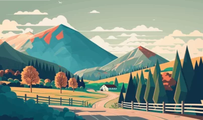  Vector illustration of a rural landscape or farm with houses,  mountains, trees and grass. Freehand drawing of a sunny summer day in the village.  © Ardea-studio