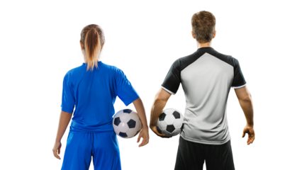female and male soccer player at soccer stadium. ready for game in front of isolated free PNG background.