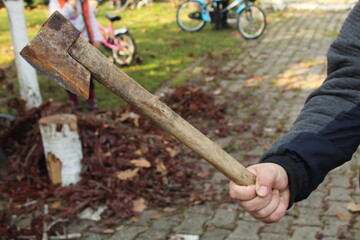 A male hand holding an axe on farm