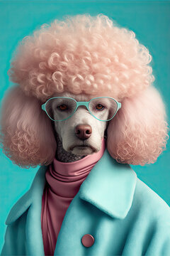 Posh poodle dog wearing clothes and glasses made with Generative AI.