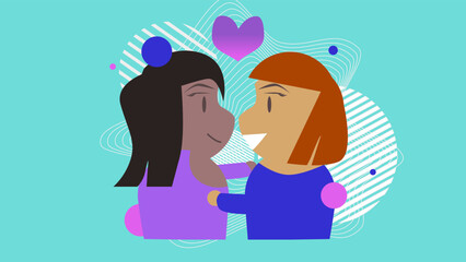 Two Lesbians In Romance Relationship Illustration, Cyan Blue Background, Flat type