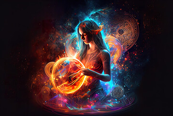 Mystical maiden embodies sound healing therapy and yoga meditation. Ethereal glow, intricate patterns, and cosmic energy. Perfect for spiritual and wellness themes. generative ai   