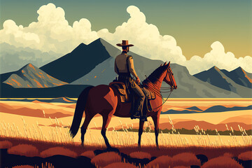 a lonely cowboy watching the prairie with his horse, cartoon style, generative ai technology