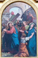 Obraz na płótnie Canvas VARALLO, ITALY - JULY 17, 2022: The painting Jesus meets his mother Mary in the church Collegiata di San Gaudenzio by Enrico Reffo from end of 19. cent.