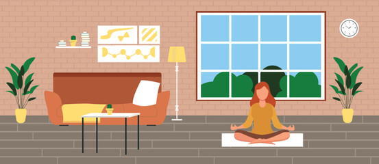 Young girl in the lotus pose meditating and practicing yoga. Living room with furniture. Flat style vector interior illustration. Sofa, flowers. Daylight apartments. Hotel suite. Renting an apartment.