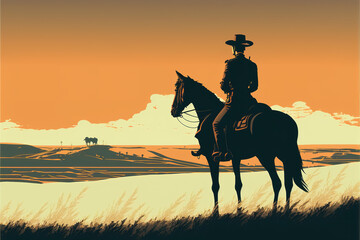 a brave cowboy man is watching his bison herd from distance, cartoon sunset scene, generative ai technology