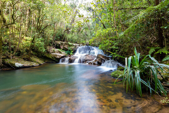 Rain forest waterfall, pure unattached nature, long exposure water shot. Andasibe-Mantadia National Park- Analamazaotra, Madagascar wilderness landscape