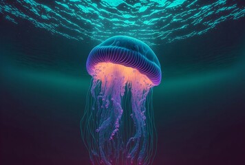 Neon jellyfish in the ocean water, dangerous underwater inhabitants, ai generated