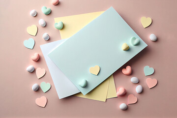Saint Valentine day holiday Mockup with envelope, paper card and various hearts for love romantic message