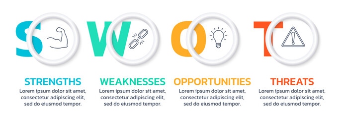 SWOT analysis template with strength, weakness, opportunity, threat icons. Modern process diagram with 3d circles. Business presentation concept. Advantage, marketing infographic. Vector illustration.