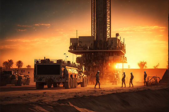 A drilling rig in an oil field with workers in the background at sunset. Oil industry workers on a drilling site next to a drilling rig at golden hour. generative ai