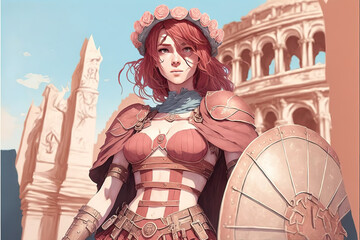a beautiful female warrior illustration with the coliseum building in the background, manga art, generative ai technology