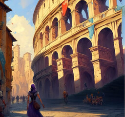 Fototapeta na wymiar a living scene in the old rome next to the coliseum, anime illustration, generative ai technology