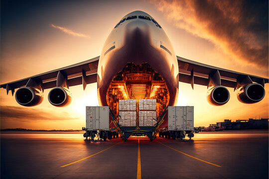 A large cargo plane being loaded with containers at sunset. Wide open freight room ready for loading onto the aircraft. Cinematic cargo plane illustration. generative ai