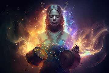 Obraz na płótnie Canvas Woman in Sound healing therapy and The 7 Chakras meditation ,uses aspects of music to improve health and well being. can help your meditation and slow life generative ai