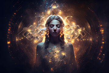  Serene woman in meditation surrounded by a radiant aura of light, embodying calm and spirituality, perfect for promoting peace and mindfulness  generative ai     
