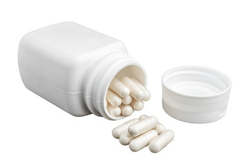 White medical capsules or pills for treatment and plastic bottle isolated on transparent...