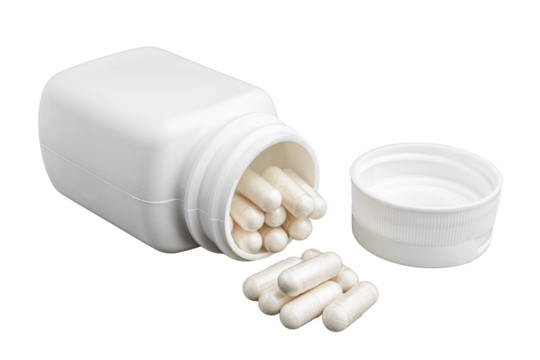 White medical capsules or pills for treatment and plastic bottle isolated on transparent background, medicine and healthcare concept