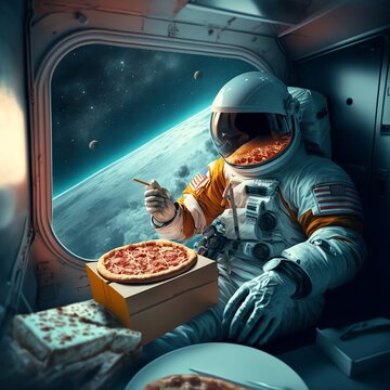 Astronaut ordering food from space, space traveling, astronaut eating pizza 