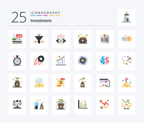 Investment 25 Flat Color icon pack including book value. saving. business. save. investment