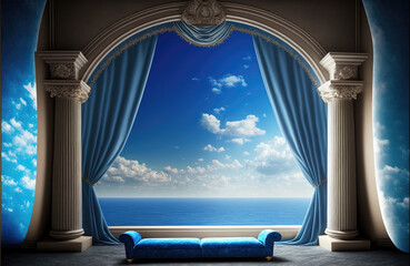 Fototapeta premium a wonderful oriental big window to watch the ocean, peaceful place, generative ai technology