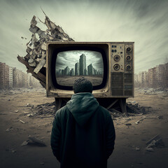 man watches TV in the middle of an old ruined city. the power of propaganda