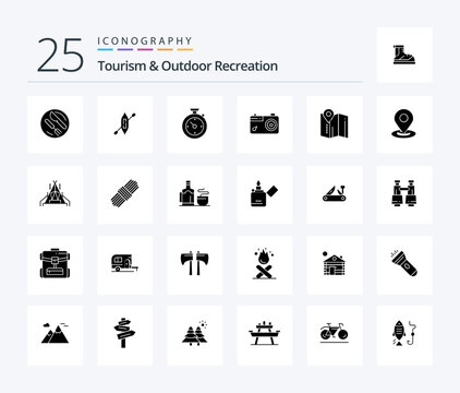 Tourism And Outdoor Recreation 25 Solid Glyph icon pack including map . photo. compass. picture. camera