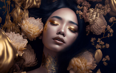 Generative AI portrait of beautiful Asian woman with flowers in hairstyle and bright creative make-up. Beauty and fashion background. Beauty products, cosmetics and treatments concept