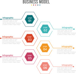 Steps progress bussines model with 6 multicolored cards. Infographic template hexagon design options. Task management concept. Vector illustration for application, blog, or marketing diagram