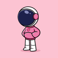 Cute Astronaut Wears Pink and Love Icon Sweater Cartoon Vector Icon Illustration Science Technology Icon Concept Isolated Premium Vector. Flat Cartoon Style