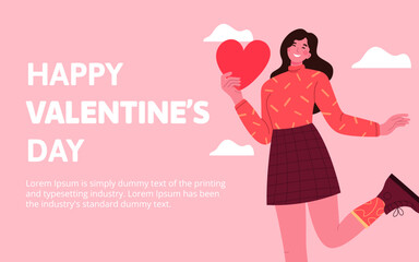 Valentine's Day or 14-february web banner concept with girl character with heart in flat style and happy valentines day text. Girl hold big paper red heart thinking about date invitation.