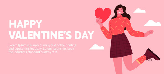 Valentine's Day or 14-february web banner concept with girl character with heart in flat style and happy valentines day text. Girl hold big paper red heart thinking about date invitation.
