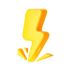 3d yellow thunderbolt with sparks, lightning icon isolated on white background. Render of lightning hit, electric strike, flash of thunderbolt. 3d cartoon simple vector illustration