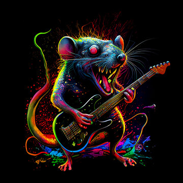 Isolated rat playing guitar. Generative Ai.