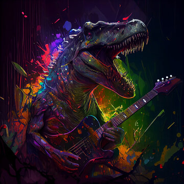 T-rex playing guitar. Generative AI.