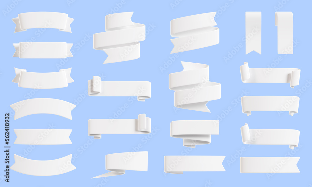 Wall mural ribbon banner 3d render set - collection of white glossy text box for sale or discount promotion sig
