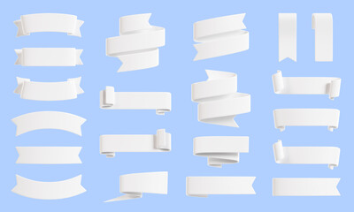 Ribbon banner 3d render set - collection of white glossy text box for sale or discount promotion sign.