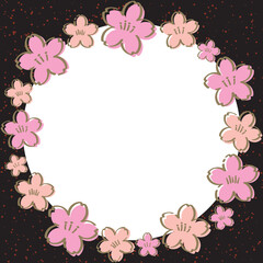ピンクとオレンジの手描き風サクラの丸フレームと黒色アブストラクト背景のイラスト