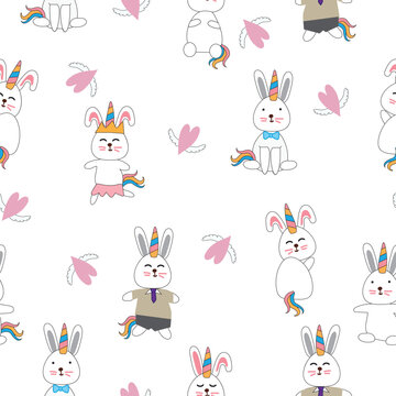 Cute hand drawn rabbit unicorn cartoon seamless pattern backround. for greeting ,congratulations,invitation card and wrapping.
